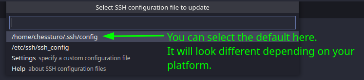 Select the default config file in VS Code, which will vary by platform