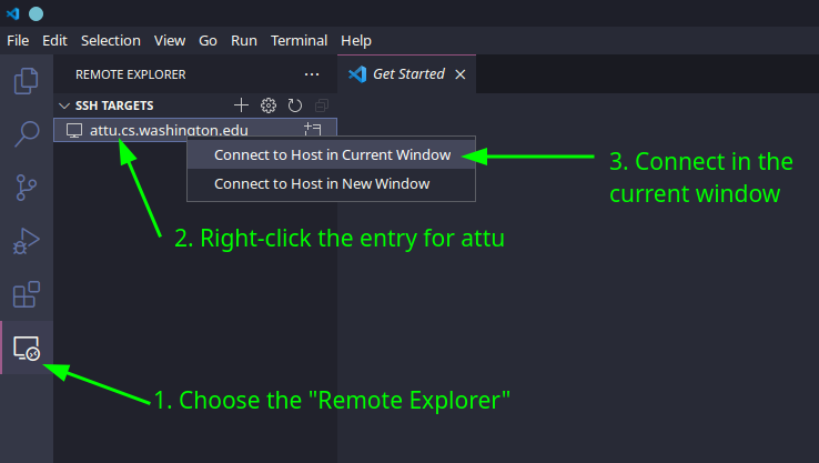 Select the Remote Explorer pane, then right-click the entry for attu and select Connect to Host in Current Window