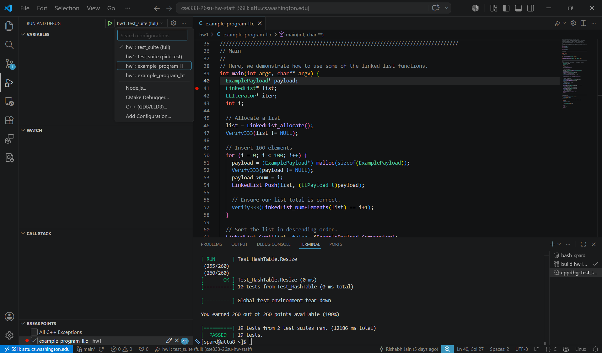 VS Code Run and Debug view connected to attu. The configuration
            dropdown is open showing the hw1 configs, a breakpoint is set in
            example_program_ll.c, and the integrated terminal shows GoogleTest
            output.