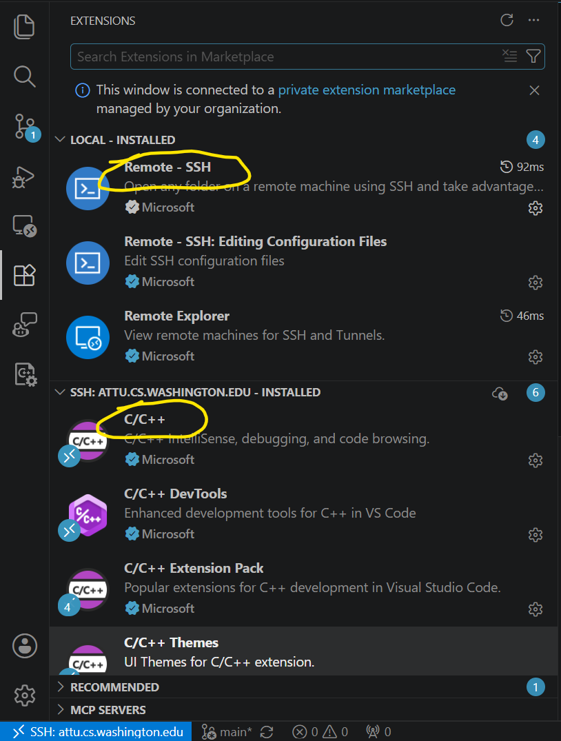 VS Code Extensions view connected to attu over SSH. Remote - SSH
            is listed and highlighted under the LOCAL - INSTALLED group, and
            C/C++ is listed and highlighted under the SSH:
            ATTU.CS.WASHINGTON.EDU - INSTALLED group.