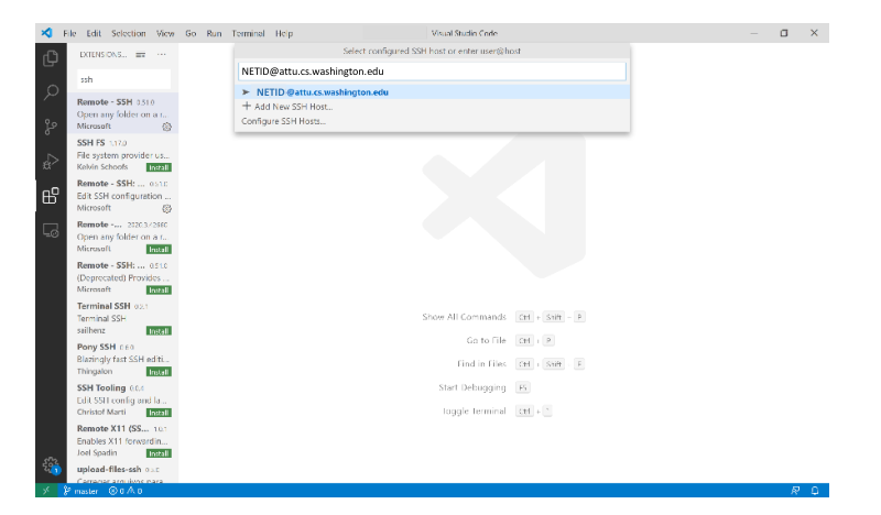 The VS Code host input box with
                NETID@attu.cs.washington.edu typed in.