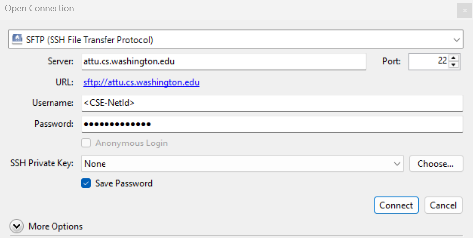 Cyberduck connection screen showing SFTP connection to attu.cs.washington.edu