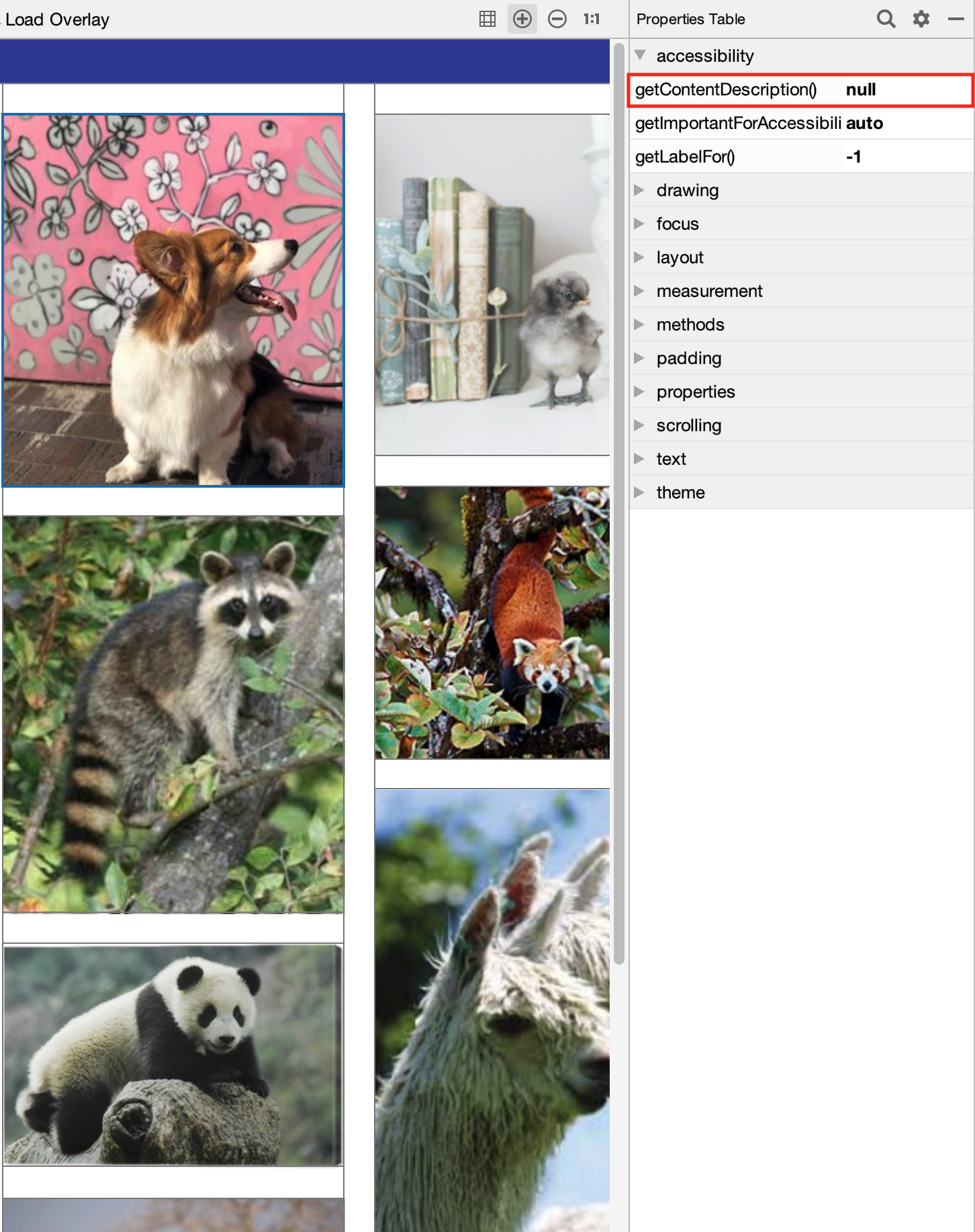 Screenshot of an image without contentDescription property in layout editor