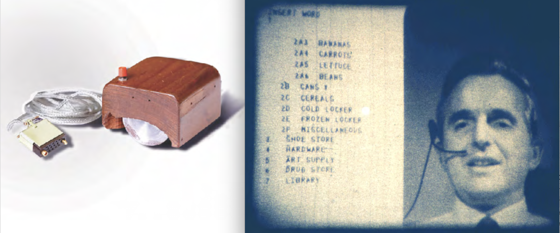 :img Two images -- a man giving a live demo of a text based interface; and a wooden computer mouse., 80%