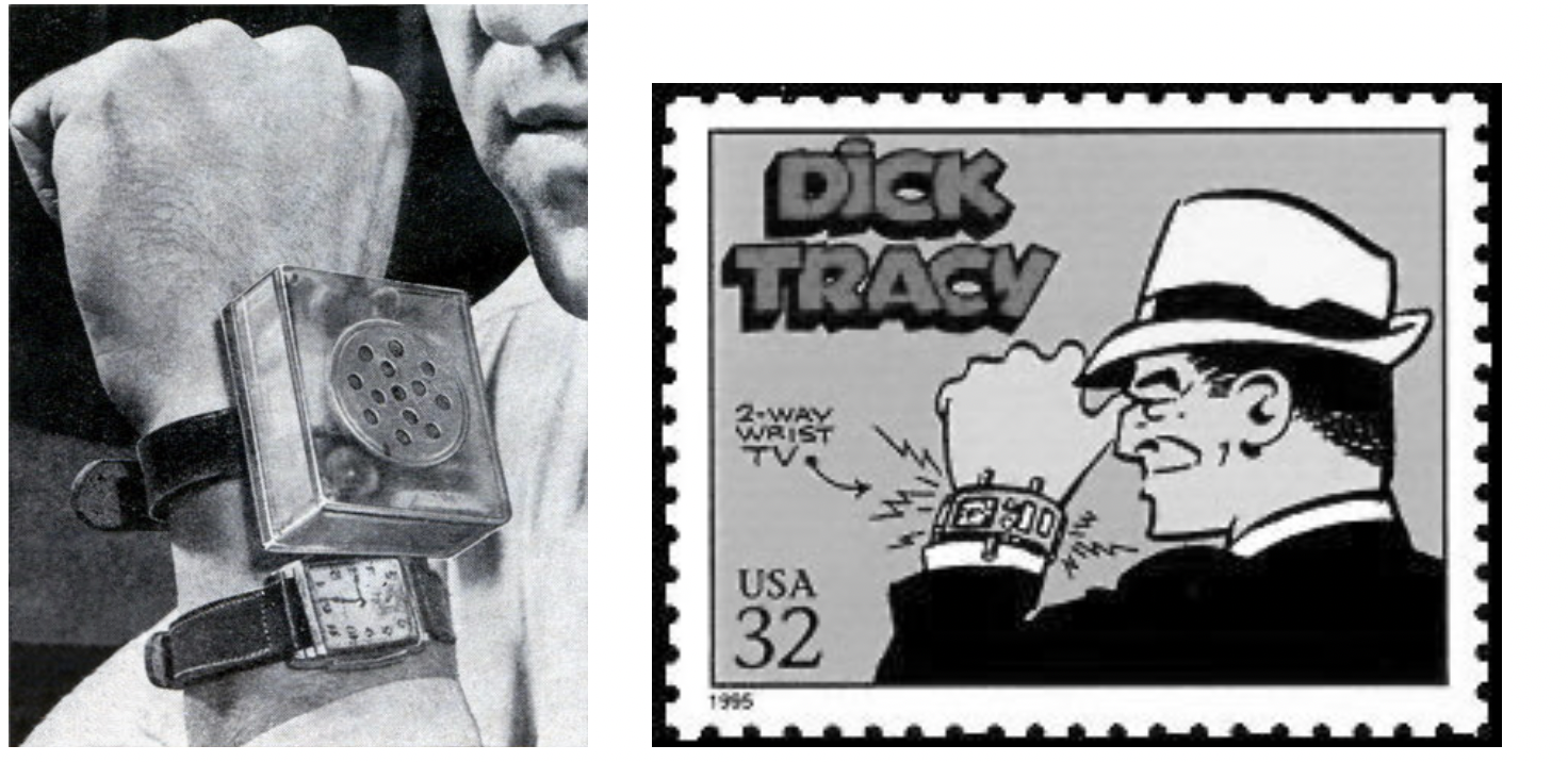 :img A prototype of a wearable wristwatch/cellphone and Dick Tracy using it in a stamp based on the comic strip, 100%