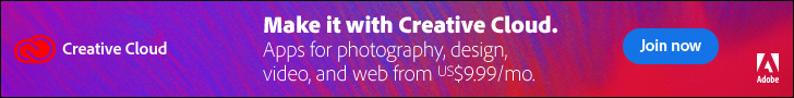 :img Adobe advertisement in vibrant colors showing a red cloud icon on a blueish background along with bold and very thin white text on the blueish background and more white text on a blue button and a play arrow in light blue on a light grey background,100%