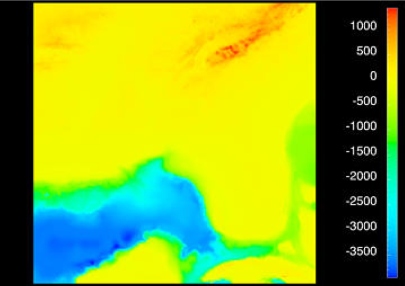 :img Picture of unknown object. Color range is -3500 (blue) to 1000 (red) but only yellow and a little blue shows, 40%