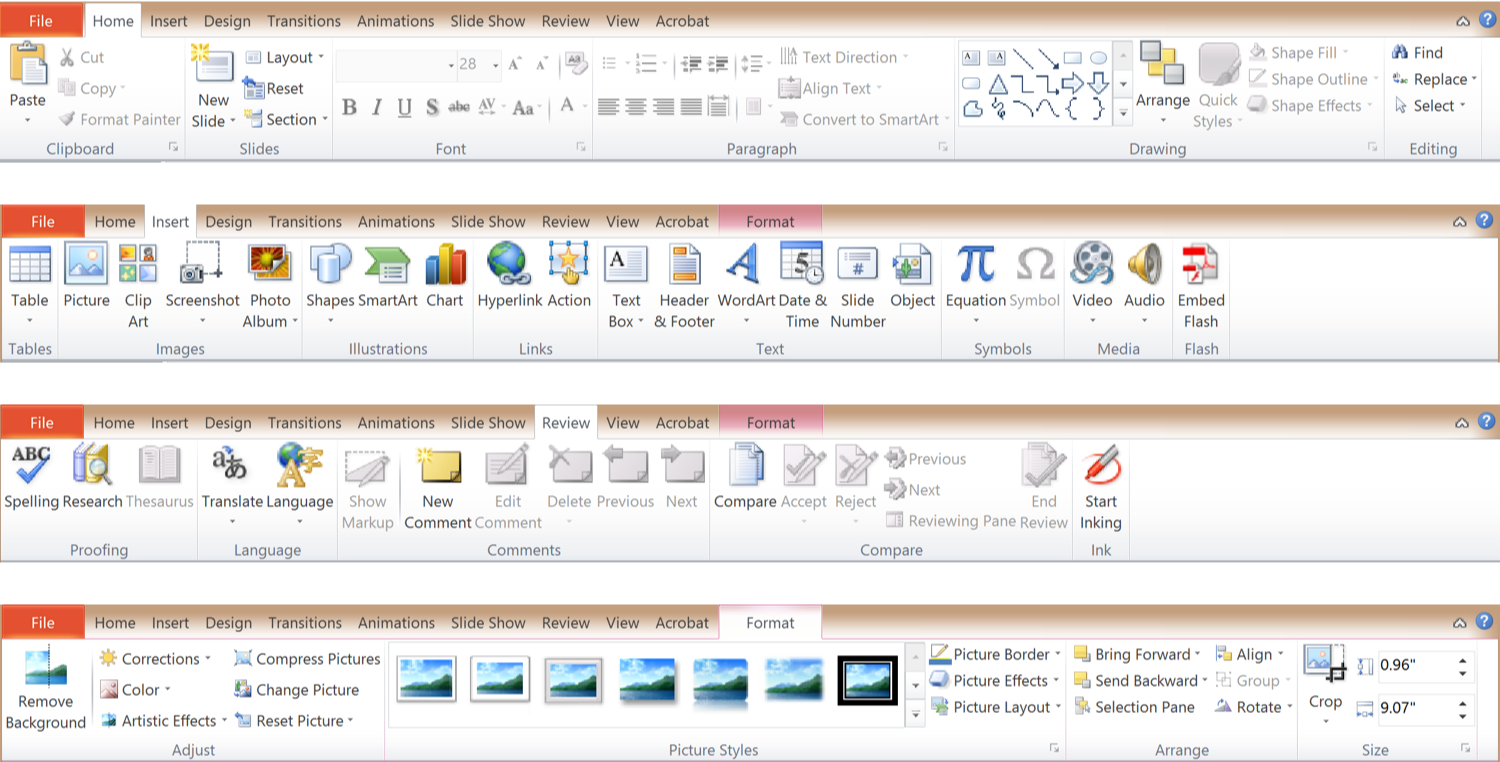 :img 4 different example ribbons from microsoft demonstrating chunking of related functions, 70%