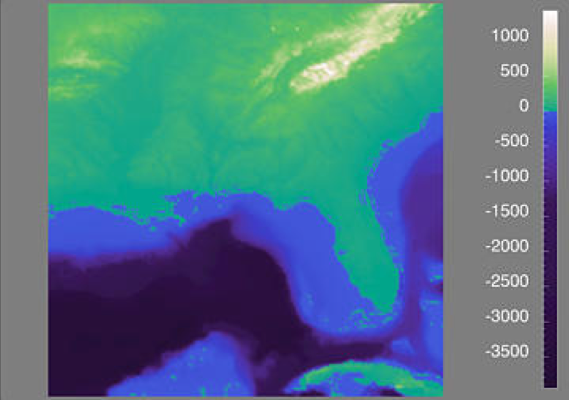 :img Picture of US Coastline (florida). Color range is -3500 (blue) to 1000 (white) and range maps well onto values so detail can be made out, 40%
