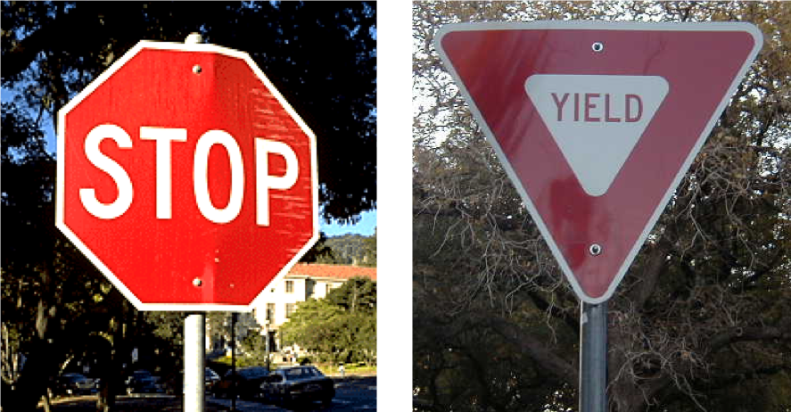 :img Picture of hexagonal red stopsign and triangular red yield sign, 70%