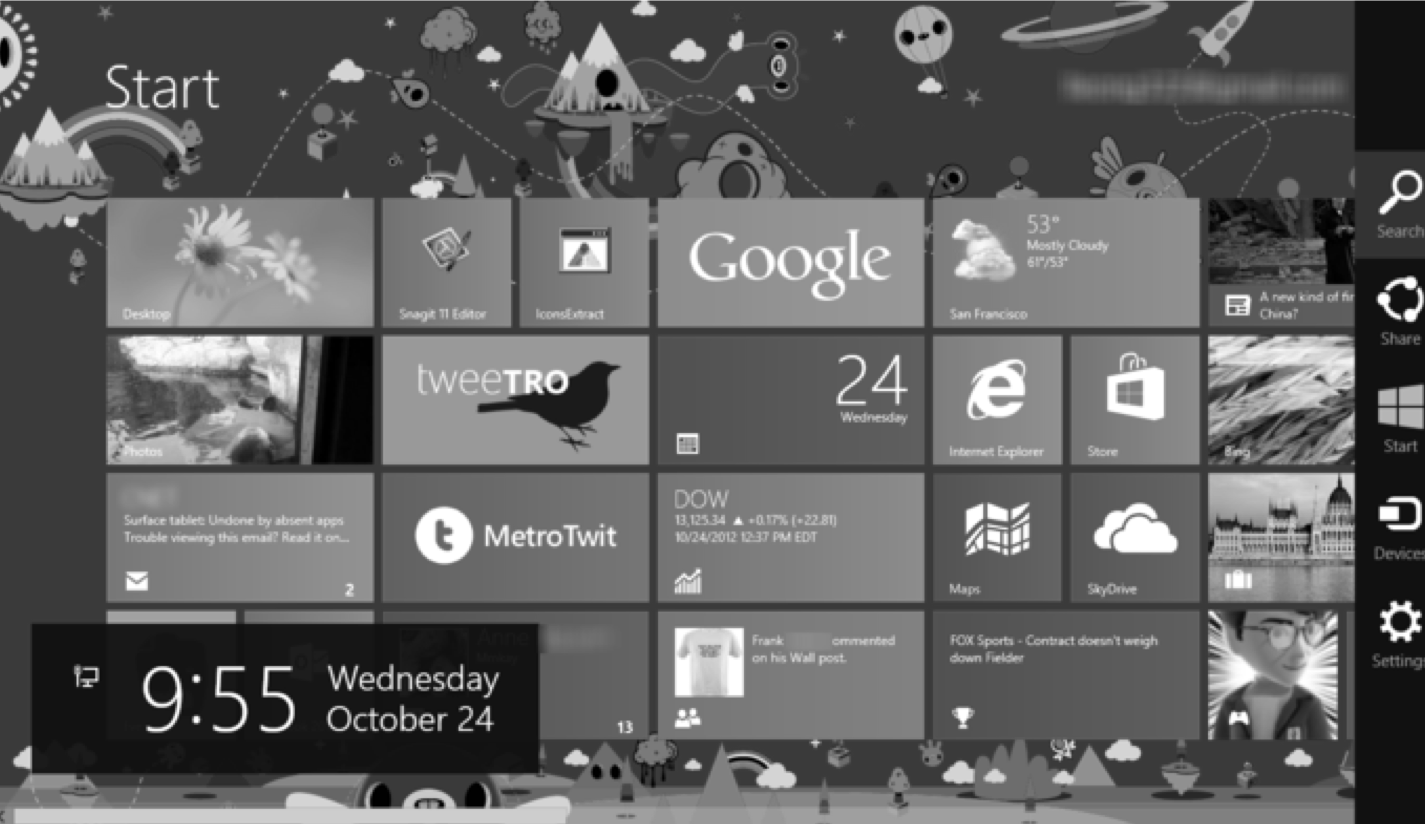 :img Windows tablet screen with a grid of interactive squares... icons along the side for invoking menus... and a colorful background picture,100%