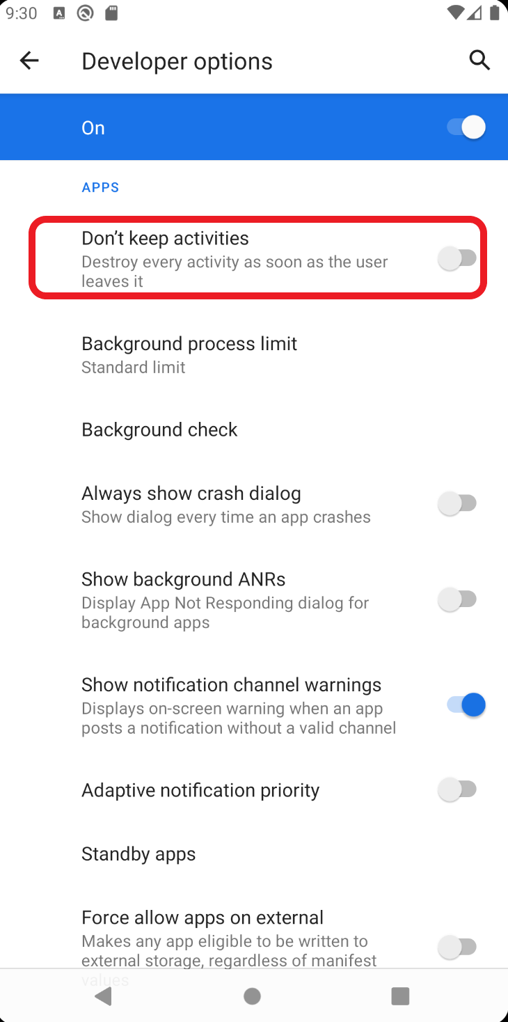 Clicking 'Don't Keep Activites' Android Developer Settings, 50%