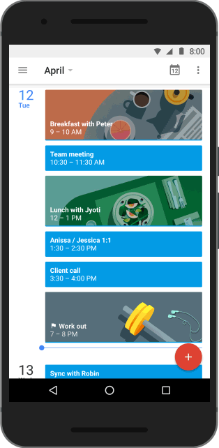 :img Android phone showing a linear layout of todos on a calendar, 20%, width
