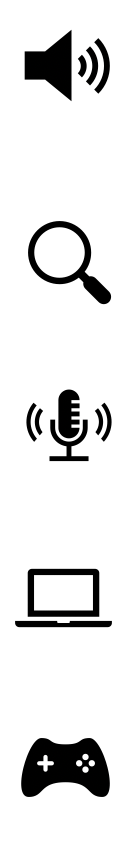 :img A picture of a speaker; magnifier; microphone; computer; and game control ,85%, width