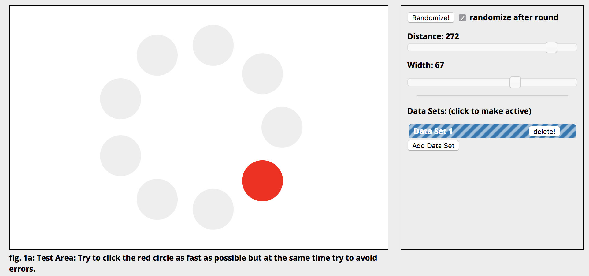 :img Image of an interface with a red dot and many grey dots on the left and a dialog on right to control randomization and highlight distance and width in a Fitts' law experiment., 80%, width