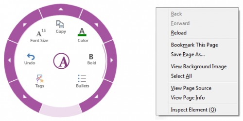 :img Left -- A pie menu consisting of a circle broken into eight wedges containing menu items like copy and undo; right-- A picture of a standard linear menu ,100%, width