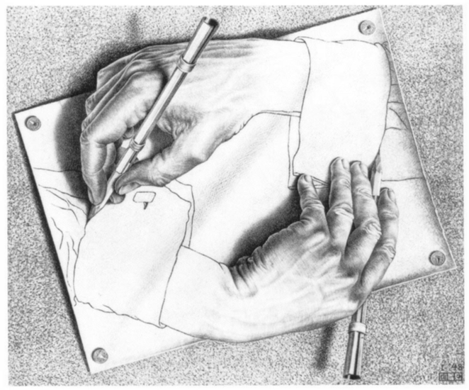 :img Picture by Escher of two hands each drawing the other, 40%, width