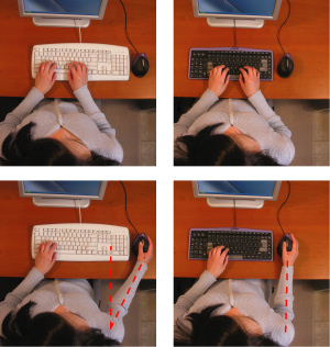 :img Picture of right-handed user typing on keyboard with leftside and rightside power keys and mouse on right side (top). Picture of user mousing with same set ups (bottom). Of note is the bad angle for the mouse in the keyboard with the right side power keys, 30%
