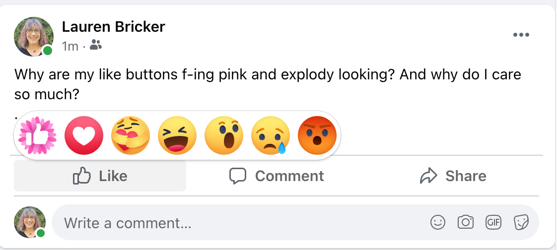 :img Facebook interface with pink like buttons, 90%, width