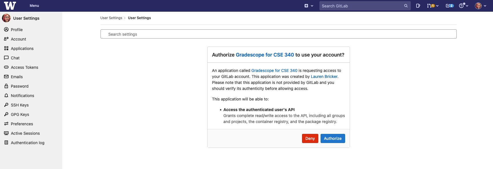 :img Authorize the Gradescope for CSE 340 application, 40%, width