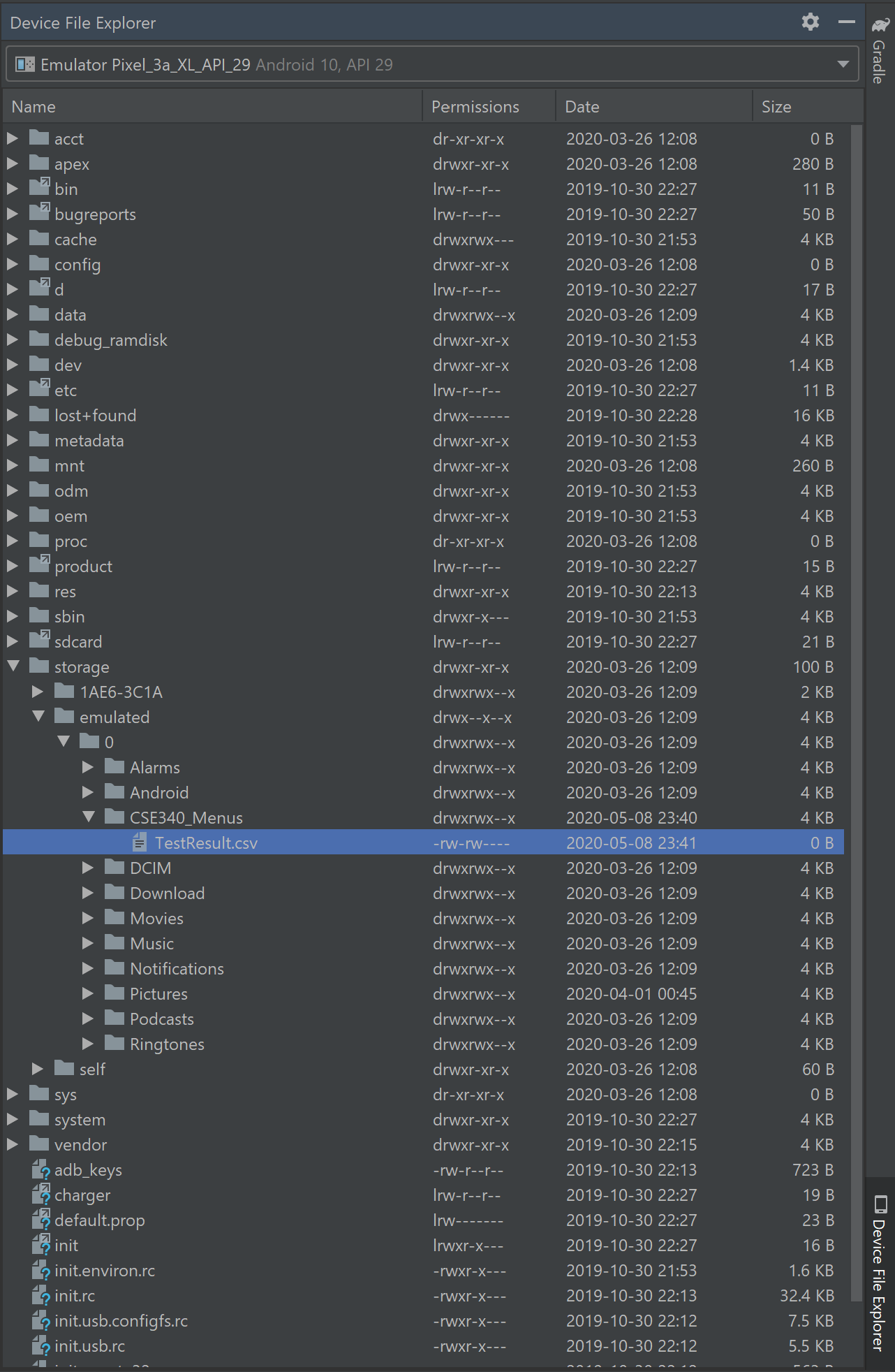 Highlighting TestResult.csv in Android Studio's Device File Explorer Tab
