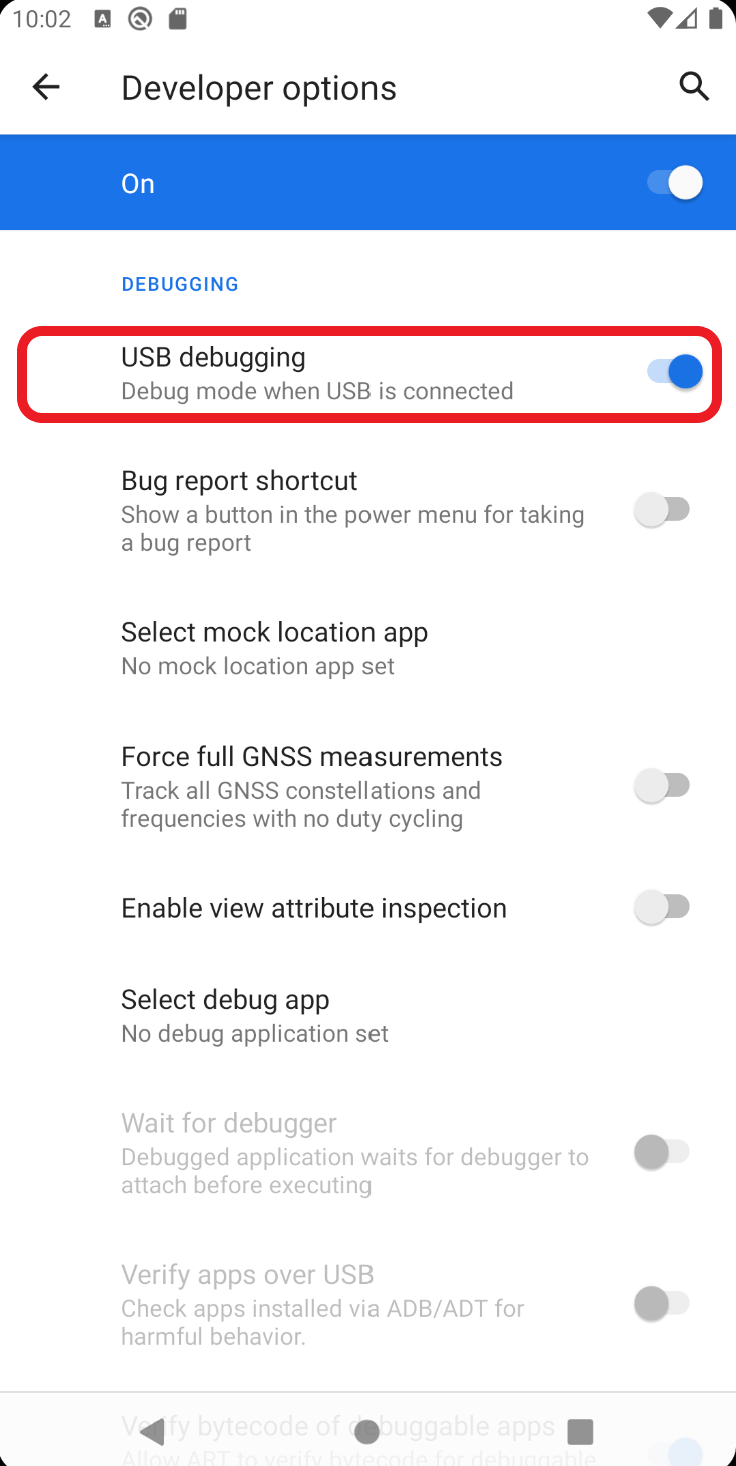 Clicking on 'USB Debugging' in Developer Options, 30%