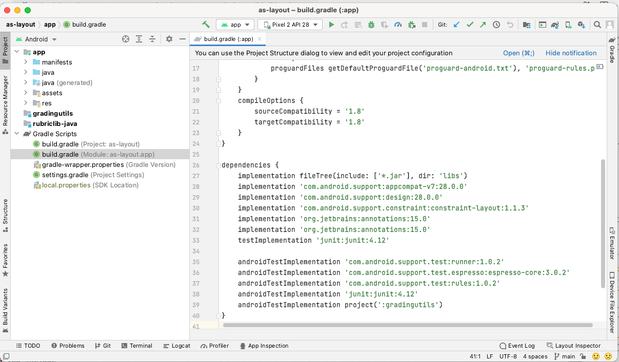 :img Screen shot of the layout program build.gradle file with more than 10 dependencies, 100%, width