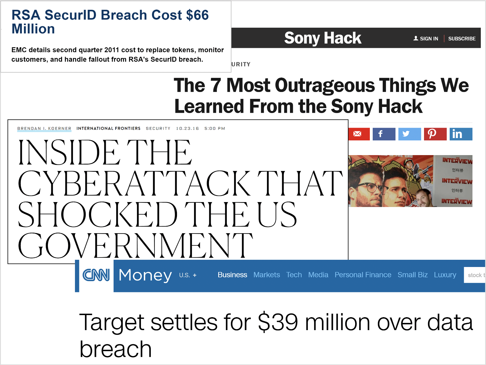 :img Headlines including: RSA Security breach costs 66 million; The most outrageous things we learned from the Sony hack; Inside the cyberattack that shocked the US government; Target settles for 39 million over data breach, 60%, width