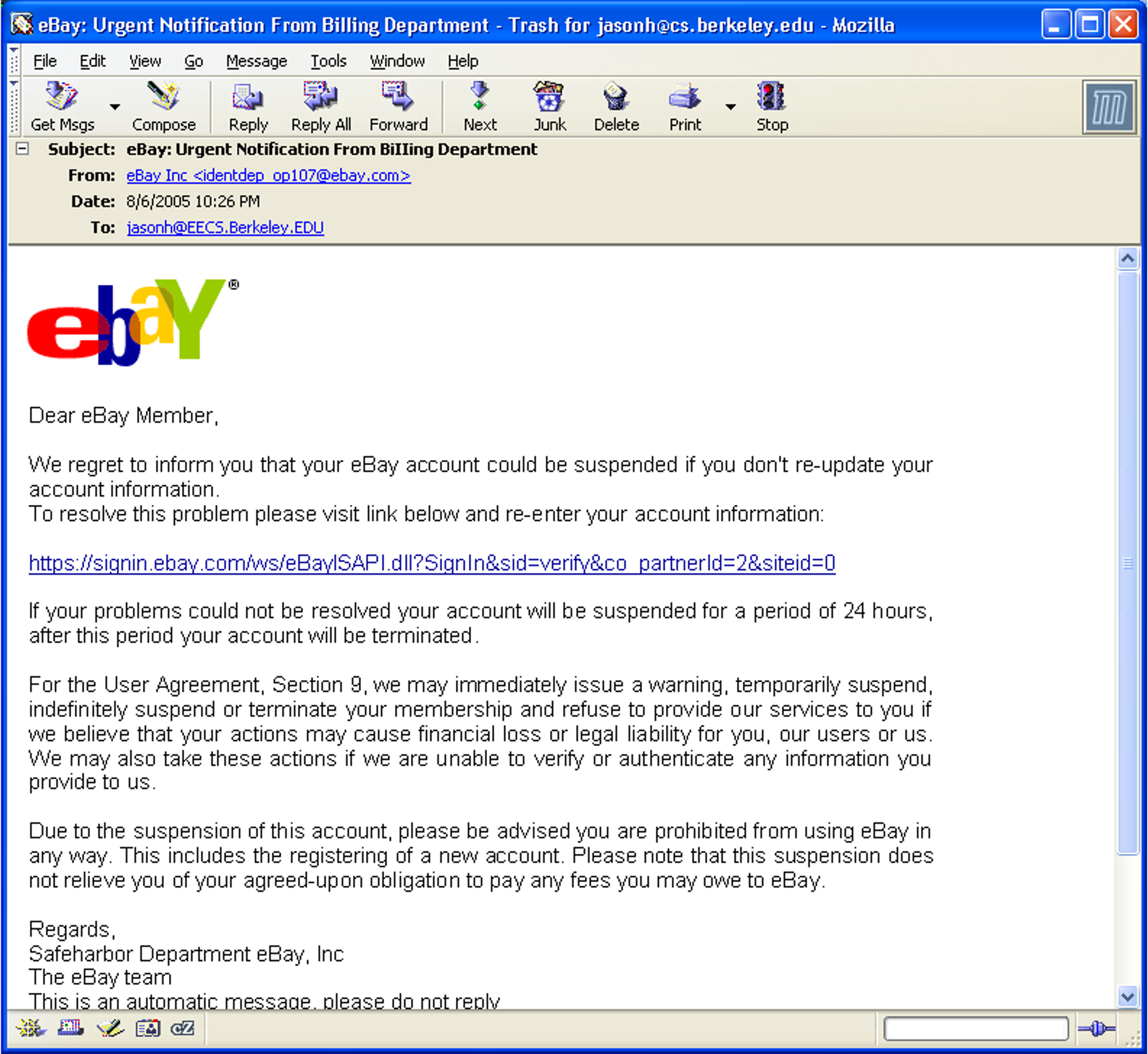 :img Phishing example showing a fake email to an ebay member requesting they sign in to reset their account, 60%, width