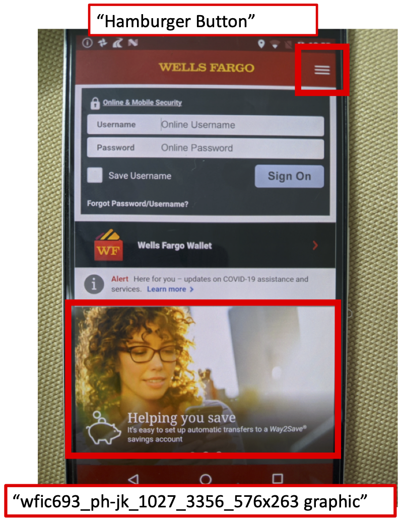 :img Same picture highlighting the hamburger menu (which has the alt text "hamburger menu") and an image (which has no alt tex and just plays an unintelligible name). The audio of this page is the video at right,100%, width