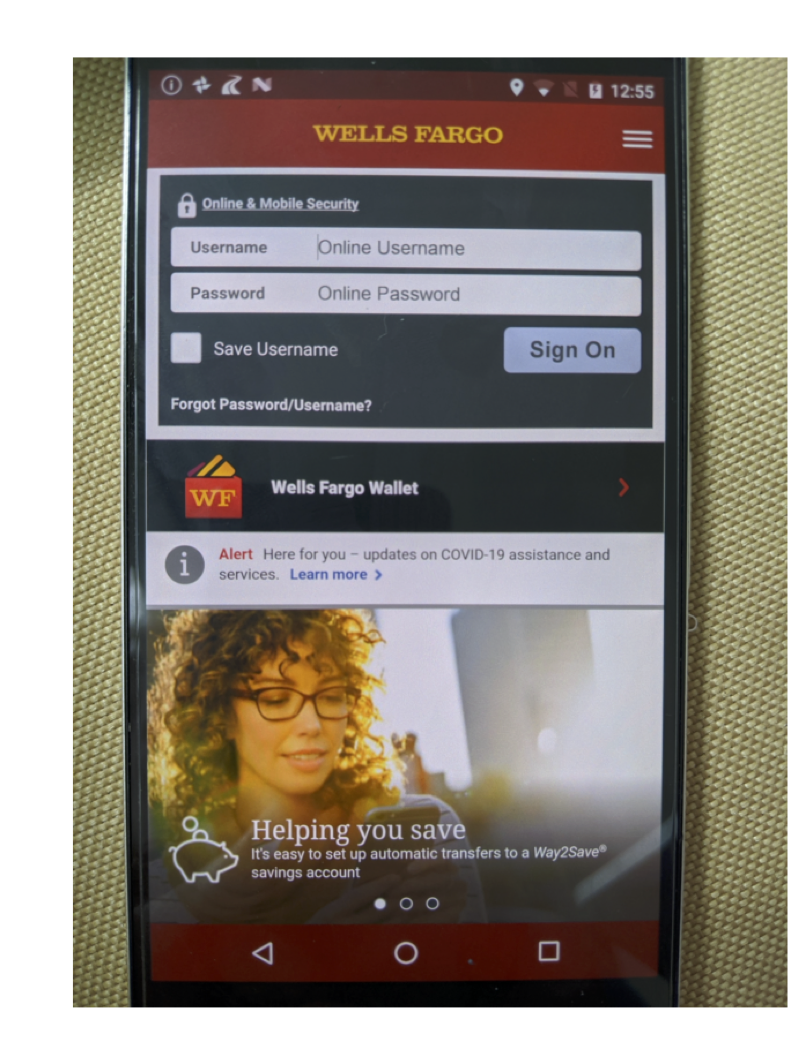 :img Picture of Wells Fargo mobile app. The audio of this page is the video at right,100%, width