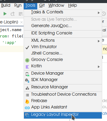 tools menu showing list of tools with "Legacy Layout Inspector" at the bottom