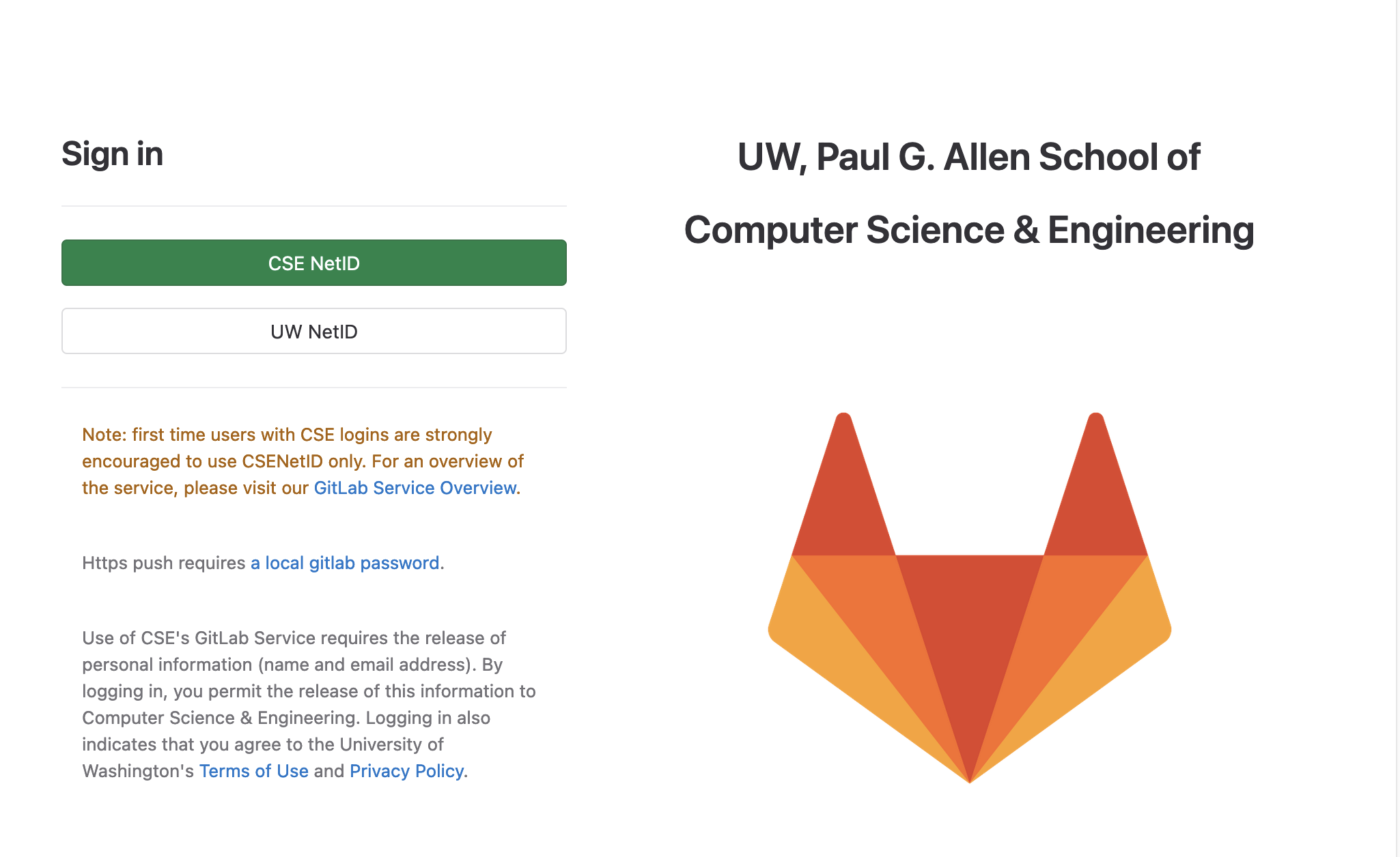 :img Gitlab sign in screen with a choice of UW or CSE net id log in, 80%, width