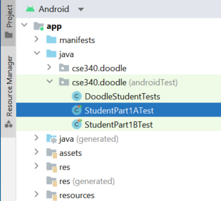 Screenshot showing the androidTest package expanded in the Project browser