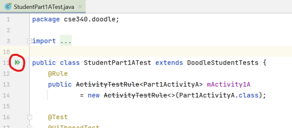 Screenshot highlighting the Run Tests button next to the class definition
