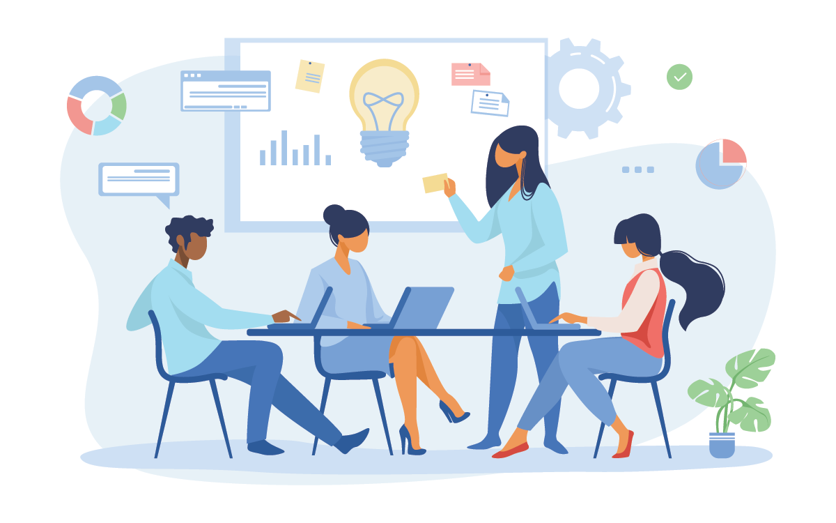 :img Stock cartoon of people at a desk doing a design review, 50%, width