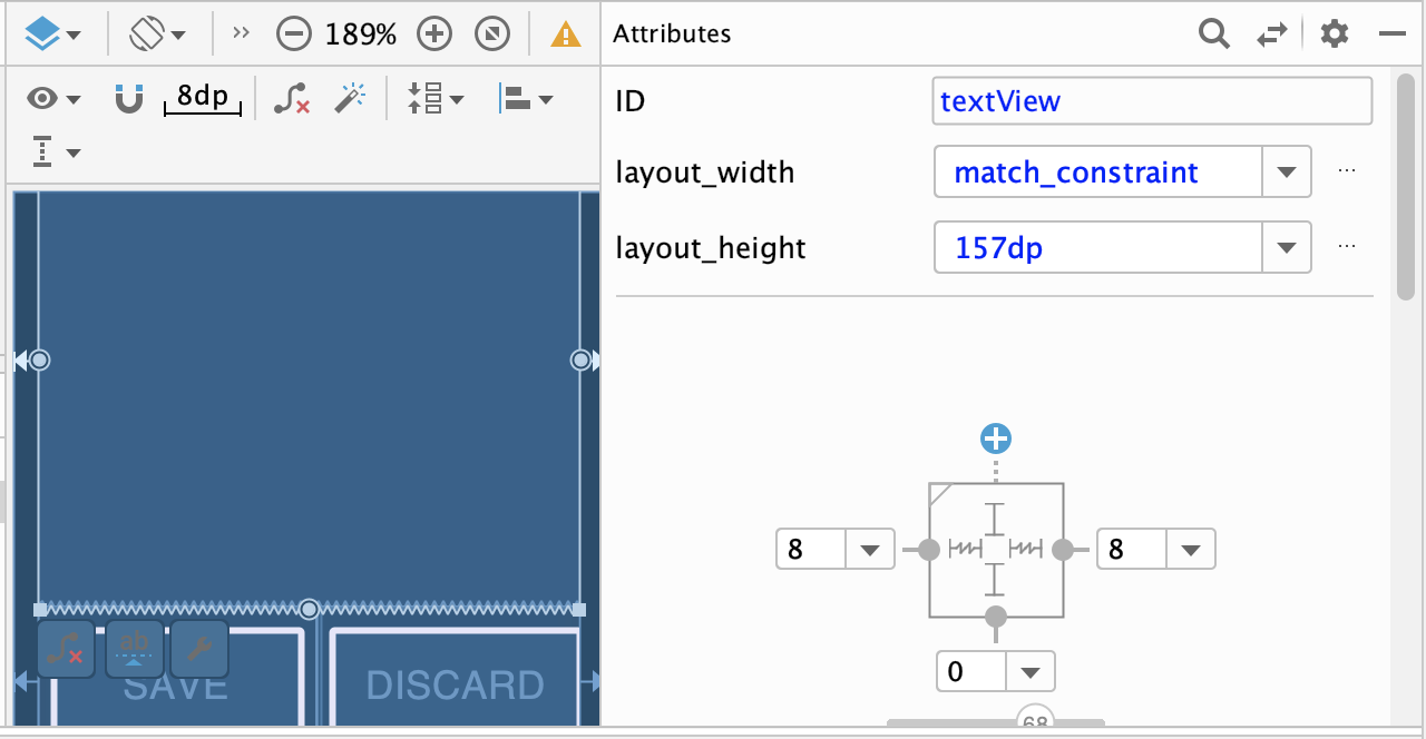 :img A simple layout on an android watch with a textview and two buttons (save and discard) and the constraints highlighted,125%, width