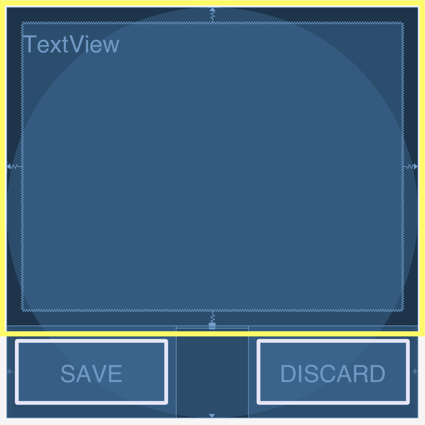 :img A simple layout on an android watch with a textview and two buttons (save and discard) and the constraints highlighted,100%, width