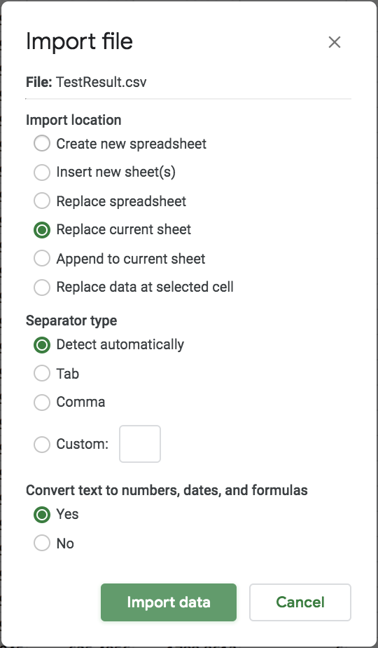:img Picture of a dialogue box called Import file showing that you should replace current sheet and automatically detect separator type and convert text to numbers dates and formulas,100%, width