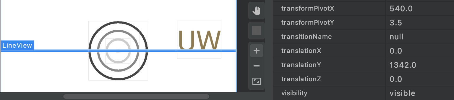 :img Layout inspector showing LineView with a horizontal line highlighted, 100%, width