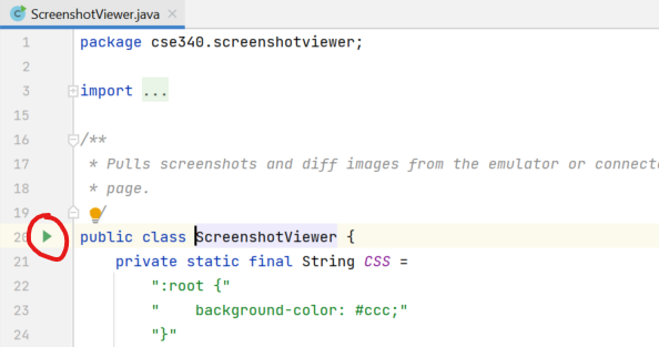 Screenshot highlighting the Run button next to the ScreenshotViewer class definition