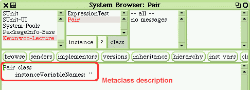 [Class browser with class methods selected; metaclass description shown]