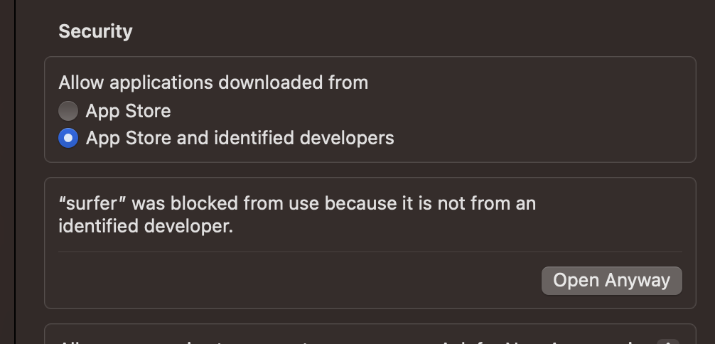 A screenshot of the MacOS security settings window, showing that the settings as described in this bullet point have been applied.
