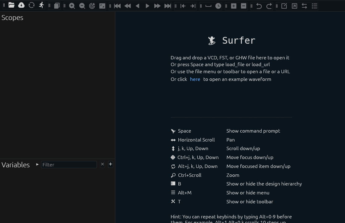 A screenshot of the start page for the Surfer application. As long as an application window opens rather than an error dialog, you have successfully set up Surfer.