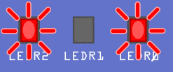 An illustration of the three LEDs on the DE1-SoC board flashing in the specified 'calm' pattern, alternating between an on-off-on state and an off-on-off state