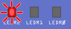An illustration of the three LEDs on the DE1-SoC board flashing in the specified 'left-to-right' pattern, forming an animation of a light moving from left to right across the row of LEDs
