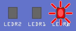 An illustration of the three LEDs on the DE1-SoC board flashing in the specified 'right-to-left' pattern, forming an animation of a light moving from right to left across the row of LEDs