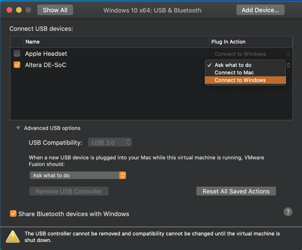 USB & Bluetooth menu shown with 'Plug in Action' dropdown menu showing 'Connect to Windows' option selected