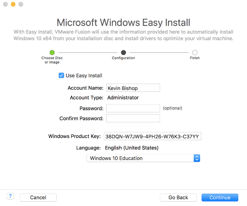 Microsoft Windows Easy Install pop-up shown with field 'Windows Product Key' filled out from Microsoft Azure Education Hub value