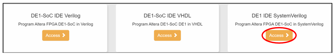 LabsLand SystemVerilog IDE with the 'Access' button under the DE1 IDE SystemVerlog circled